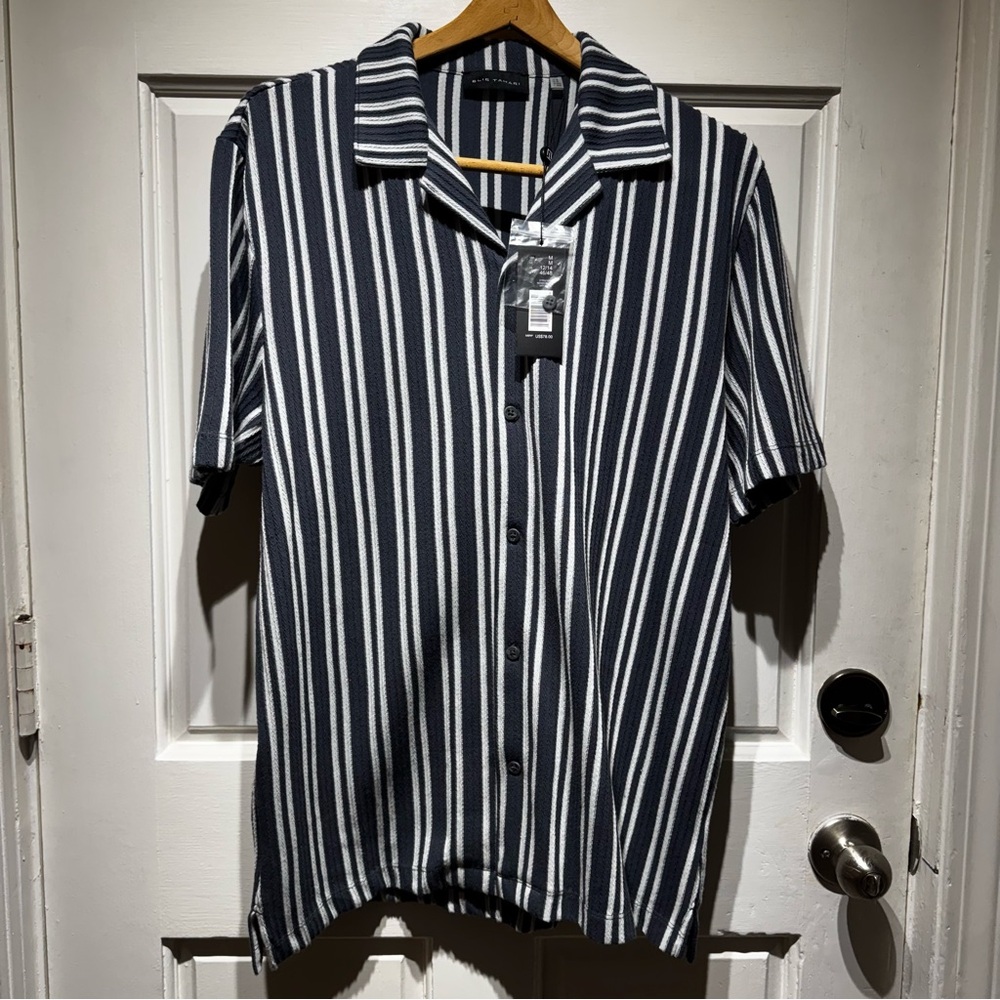 NWT Elie Tahari Navy and Periwinkle Striped Men's Camp Collar Shirt